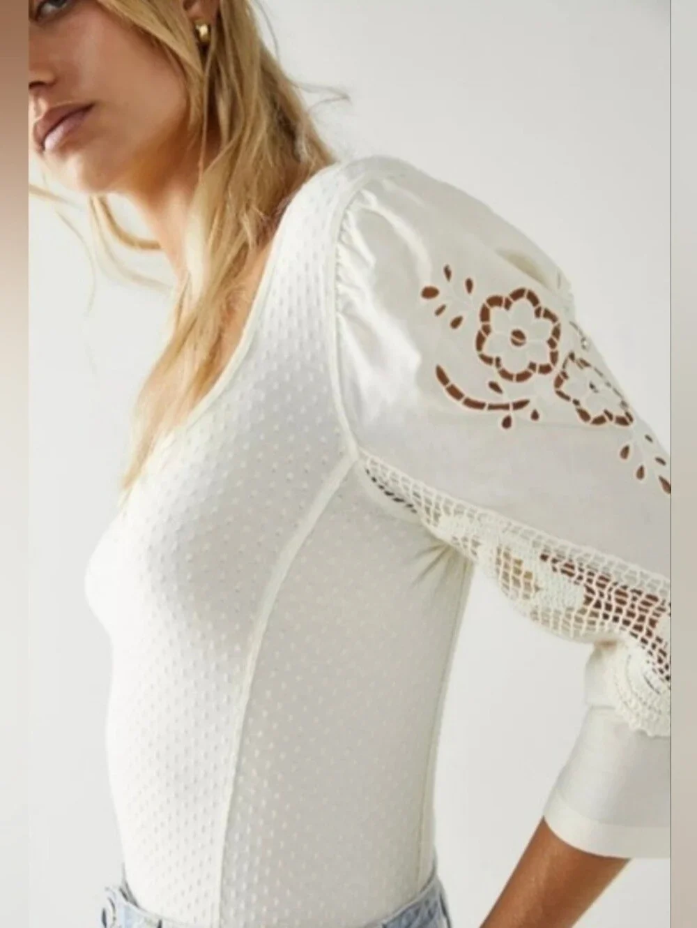 Free People Brunch Date Off-White Top Ith Ivory Eyelet Sleeves